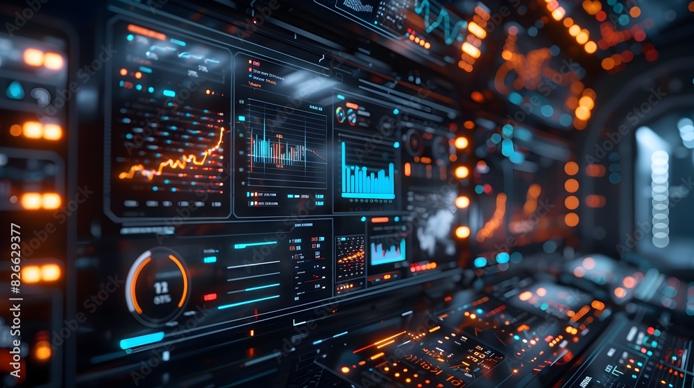 Poster futuristic driven analytics dashboard displaying real time business metrics and digital communicatio