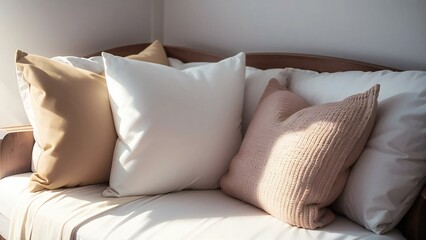 Cozy bedroom setting with soft sunlight highlighting a beautiful array of pillows on a stylish wooden bed