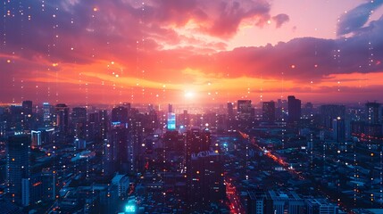 Fototapeta premium Futuristic Smart City Skyline with Interconnected Devices and Vibrant Urban Landscape at Sunset