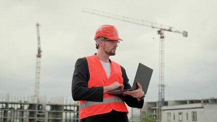 Work process on construction site, supervisor portrait