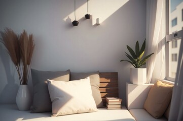 Modern living room corner with stylish decor, natural light, and minimalist lighting fixtures