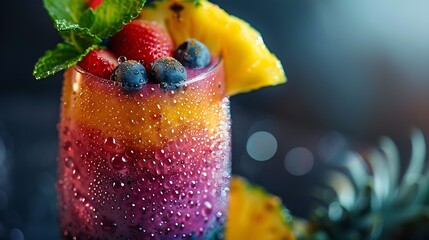 A close-up shot of a vibrant, multicolored summer fruit smoothie in a tall glass, with droplets of condensation on the outside, garnished with a slice of pineapple and a sprig of mint.