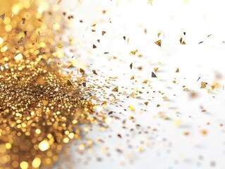 A dynamic image of gold glitter particles floating against a solid white background, capturing the magical and celebratory atmosphere.