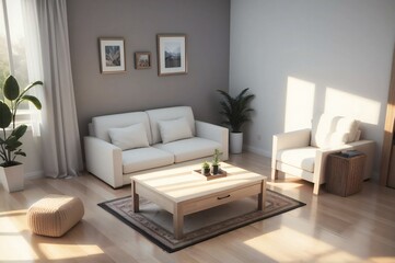 Sunny and chic living room adorned with white sofas, wooden coffee table, and indoor plants offers cozy comfort
