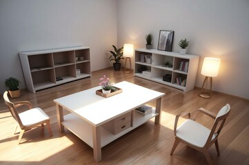 Bright and cozy modern living room with stylish furniture, warm lighting, and decorative plants creating a peaceful home environment