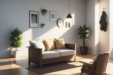 Inviting modern living room space with sunlight creating shadows, a cozy sofa, and chic home decor accents