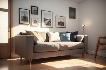 Beautifully lit living room featuring a modern sofa, decorative cushions, wall art frames, and a warm, inviting floor lamp