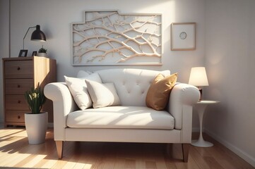 Warm and inviting living room scene featuring a stylish white sofa, decorative pillows, and a chic wall art piece