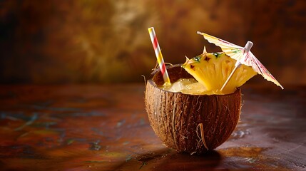 A coconut water cocktail served in a coconut shell, garnished with a pineapple slice and a paper...