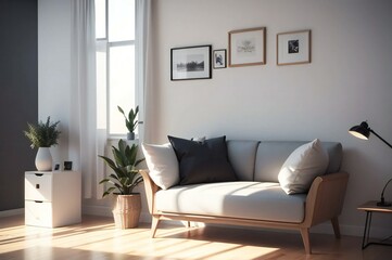 Cozy and stylish living room interior with a comfortable sofa, plants, and framed art in a well-lit, minimalistic design setting