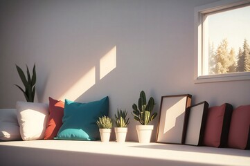 Sunlit modern window seat adorned with colorful cushions, houseplants, and picture frames, offering a tranquil corner for relaxation