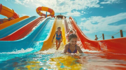Obraz premium A group of children are playing in a water park with a slide that is multi-color