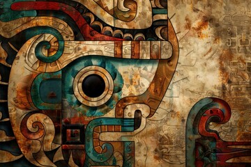 Incredible ancient aztec mural artwork depicting mythological illustrations and traditional patterns in vibrant colors and detailed craftsmanship