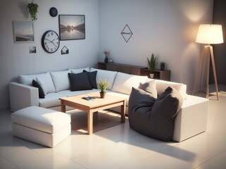 Warm and stylish living room interior with comfortable furniture, cozy lighting, and contemporary decorative wall elements in a modern home