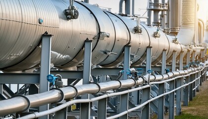 Pipeline and pipe rack of an oil, chemical, hydrogen or ammonia industrial plant. Distribution of liquid along the main pipeline. Close-up.