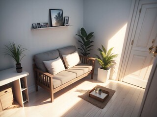 Cozy living room illuminated by natural sunlight, with a comfy sofa, greenery, and simple decor elements