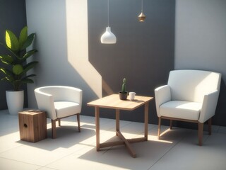 Fototapeta premium Simple and stylish living room illuminated by natural light, with white armchairs, a wooden table, and decorative indoor plants