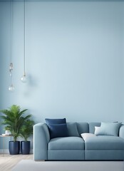 Luxury Modern Home Design with Living Room or Business Hall Scene in Light Pastel Colors. Lounge Room with Blue Sky Paint and Velor, Empty Wall in Navy Background, Pale Tone Loveseat. 3D Render.