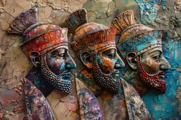 Artistic representation of four egyptian pharaoh masks with vibrant, textured paint on a cracked surface