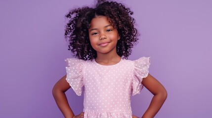 Black girl about 8 years old with curly hair, dressed in a pastel pink dress with white polka dots. The background is a solid lavender color