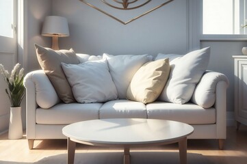 Elegant and comfortable living room interior with a white couch, decorative pillows, and a round coffee table in soft morning light