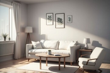 Morning sunlight bathing a minimalist living room with a white sofa, elegant decor, and framed botanical artwork