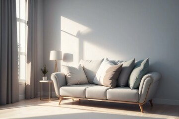 Modern living room interior with a cozy couch, simple decorations, and a welcoming ambiance filled with sunlight