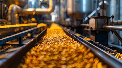 A conveyor belt transporting numerous gold coins in a factory or minting facility.