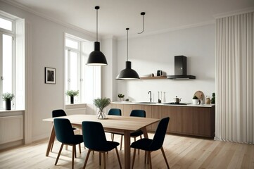 Fototapeta premium Elegant interior design showcases a sleek kitchen alongside a stylish dining area with natural light and neutral color palette