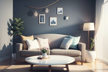 Elegant living room with comfortable sofa, geometric decor, and plants basking in the soft glow of the morning sun