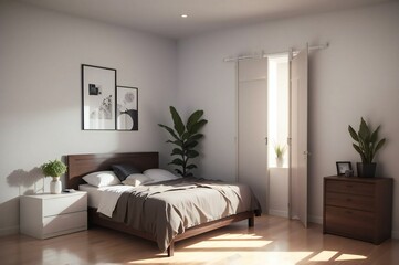 Minimalist design in a modern bedroom featuring a comfortable bed, potted plants, and tranquil natural light