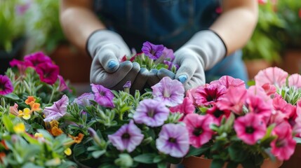 Female gardener holding rectangle planter . Attractive girl holding potted violet petunias in garden.