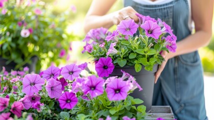 Female gardener holding rectangle planter . Attractive girl holding potted violet petunias in garden.