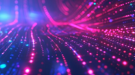 Obraz premium Abstract futuristic glowing neon lights and dots creating a vibrant cyberpunk digital landscape with pink and blue hues.
