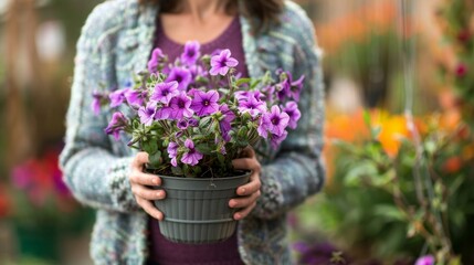 Female gardener holding rectangle planter . Attractive girl holding potted violet petunias in garden.