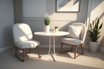 Fototapeta premium Soothing minimalist decor featuring white armchairs, a circular table, and ornamental plants illuminated by sunlight through a window