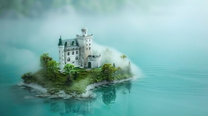 Fototapeta premium A soft fog envelops a white castle on a green island, hinting at the blue lake around.