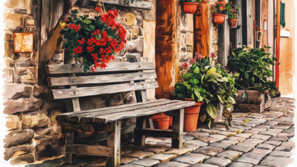 A rustic wooden bench with red flowers hanging from it, against the background of an old stone wall decorated with potted plants.