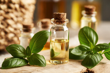 A bottle of aromatherapy essential oil with fresh basil leaves