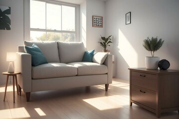 Fototapeta premium Sunlit modern living room with comfortable sofa, wooden floors, and tasteful minimalist decor, creating a serene atmosphere