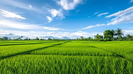 Naklejka premium Lush Green Rice Field Under Blue Sky