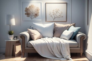Chic and inviting living room decor with a cozy sofa, decorative pillows, wall art, lamp, and sleek side table