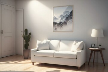 Stylish and minimalistic living area showcasing a clean white couch, cactus plant, framed mountain scenery, and soft natural light