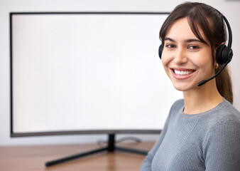 Call center, portrait and woman with headset, computer screen and customer service in office. CRM,...