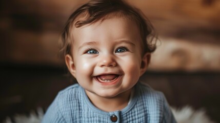 Smiling Baby with Bright Eyes. A close-up image of a happy baby with bright eyes and a big smile, wearing a light-colored outfit.