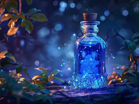 Craft a digital masterpiece showcasing a mystical bottle of beauty elixir shimmering under moonlight