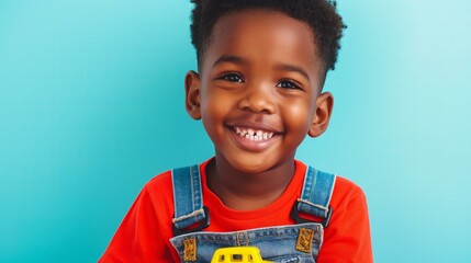 Black boy around 6 years old, wearing a bright red t-shirt and denim overalls. background is a...