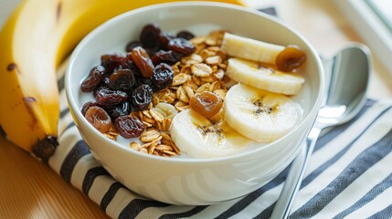 Photo of a bowl of granola and banana slices with yogurt, placed on a rustic wooden table, accompanied by a spoon and scattered granola.