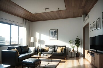 Fototapeta premium Bright and airy modern living room interior, featuring cozy furnishings and large windows with a city view