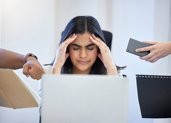 Stress, business woman and headache with hands for multitasking and time management in office. Tired, female person and fatigue overwhelmed with anxiety, deadline and job pressure for mental health